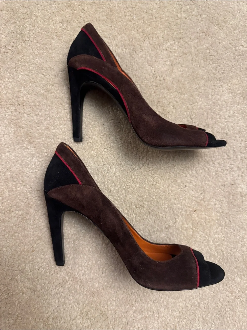Via Spiga Brown Suede Peep Toe Heels with Red Accent